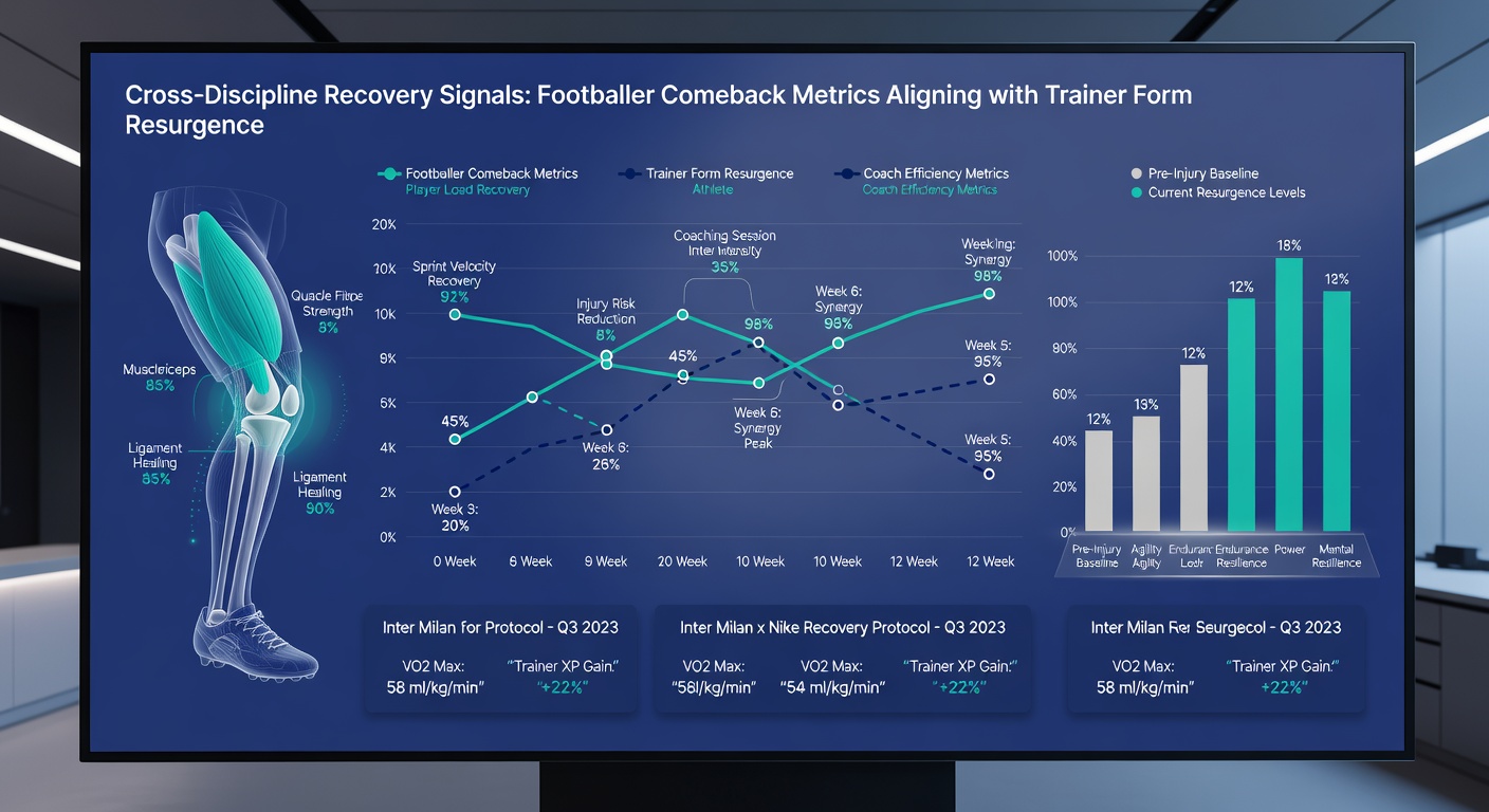 Data visualization charts showing footballer recovery timelines overlapping with horse trainer performance rebounds over a monthly period