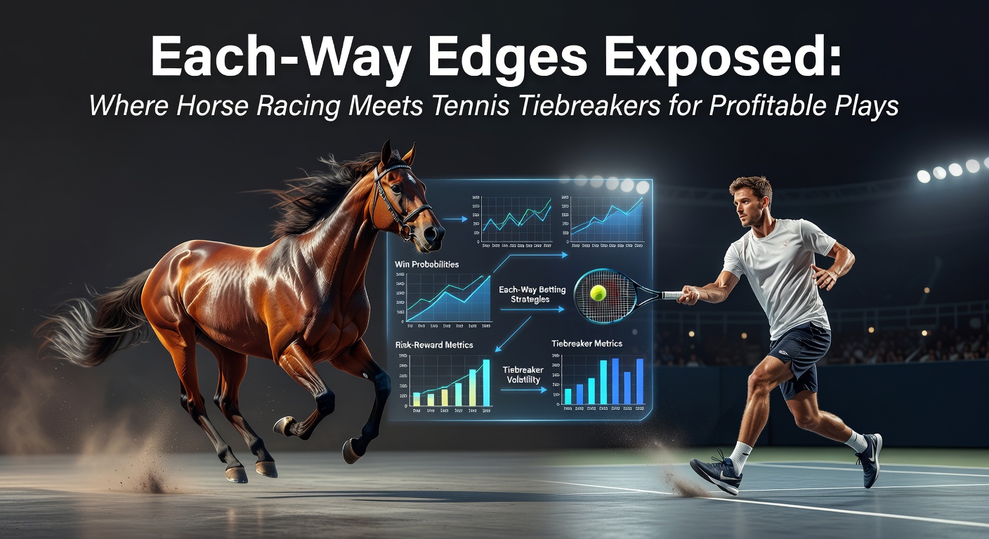 Close-up of a tennis player mid-tiebreak serve next to a pack of horses jostling for placing positions, symbolizing strategic betting intersections