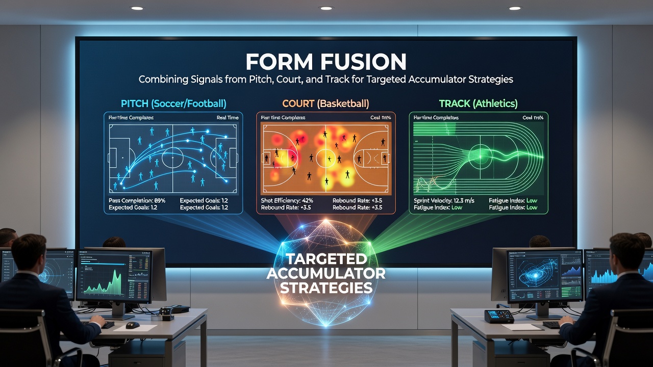 Infographic displaying sample accumulator structure linking football team stats, tennis player metrics, and horse racing trainer records