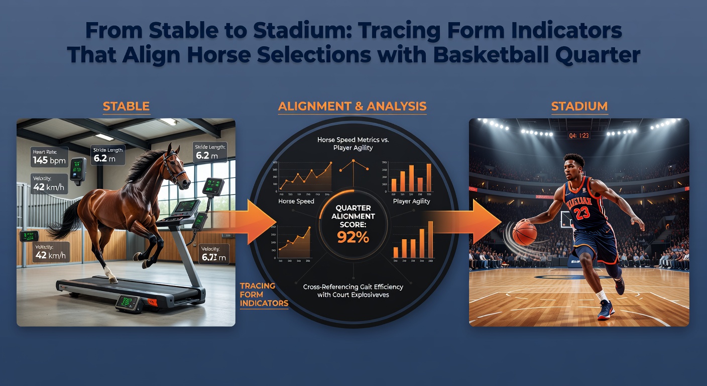 Split image showing horse crossing finish line alongside basketball players in fourth-quarter action with trend overlays