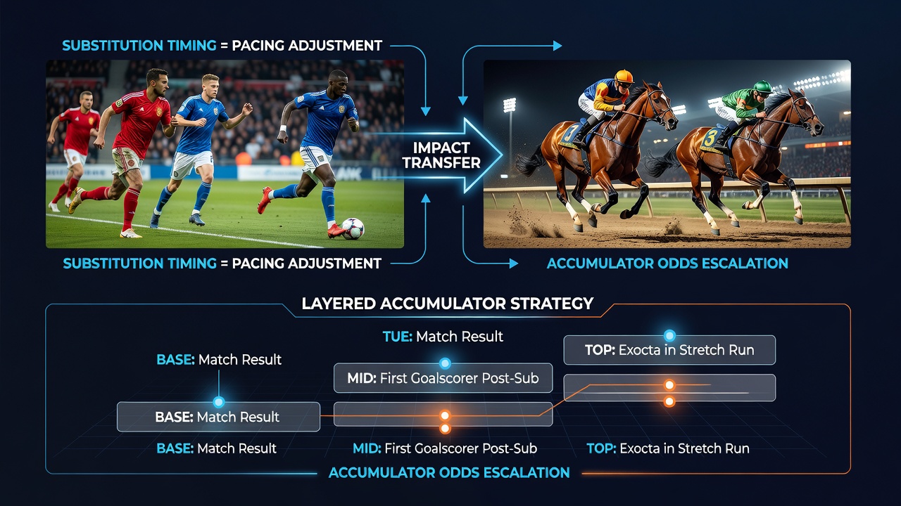 Infographic showing layered accumulator strategy connecting football substitution timing with horse racing stretch run selections