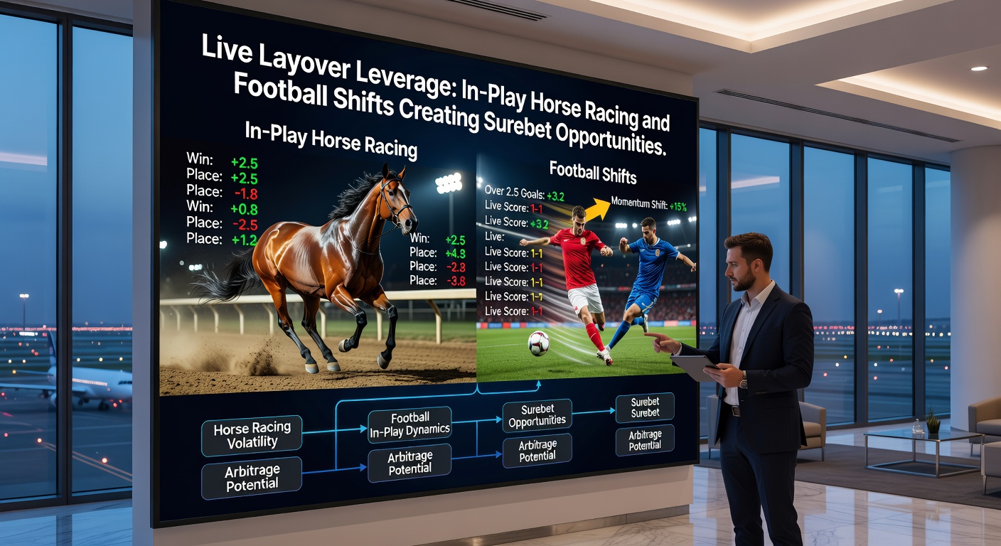Split-screen view of a live horse race nearing the finish and a football match with a late goal celebration, illustrating odds comparison charts for surebets