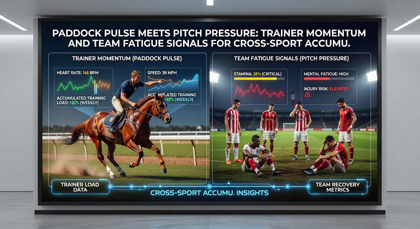 Split image: Racing trainer checking horse pulse in paddock beside football coach analyzing team fatigue data on tablet during match halftime
