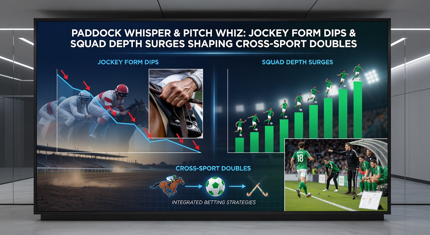 Football substitutes celebrating a late goal on the pitch, overlaid with a graph charting jockey win percentages dipping then recovering