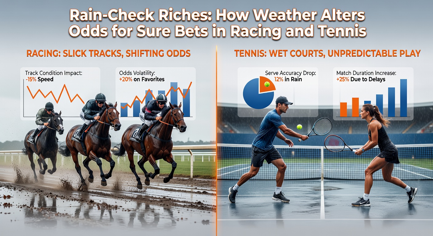Tennis players navigating a rain-affected clay court match, with visible puddles and slipping hazards altering serve dominance and rally lengths