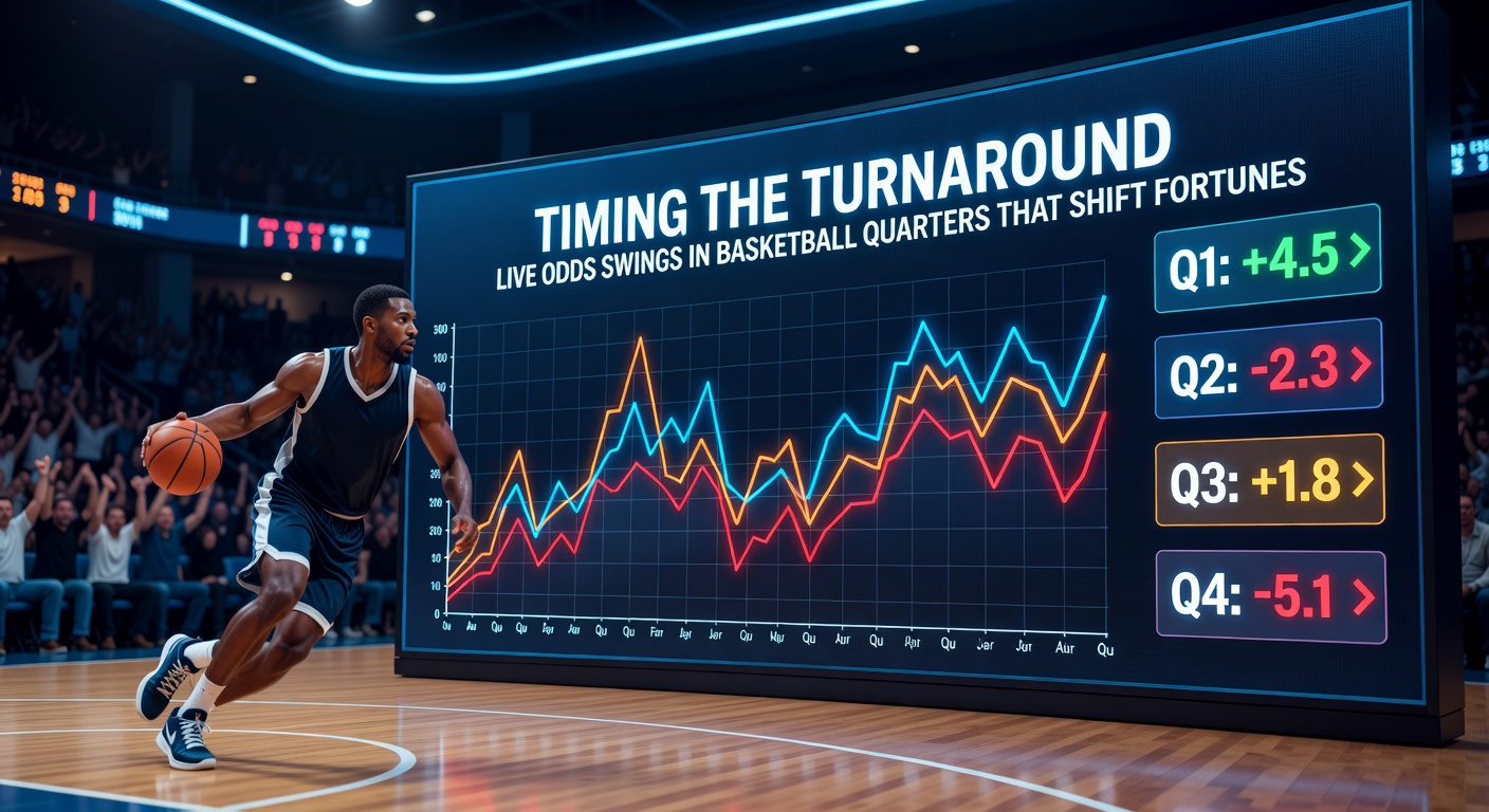 Close-up of a basketball player driving to the basket during a crucial quarter-end moment, with overlaid odds ticker showing rapid changes from +300 to -110