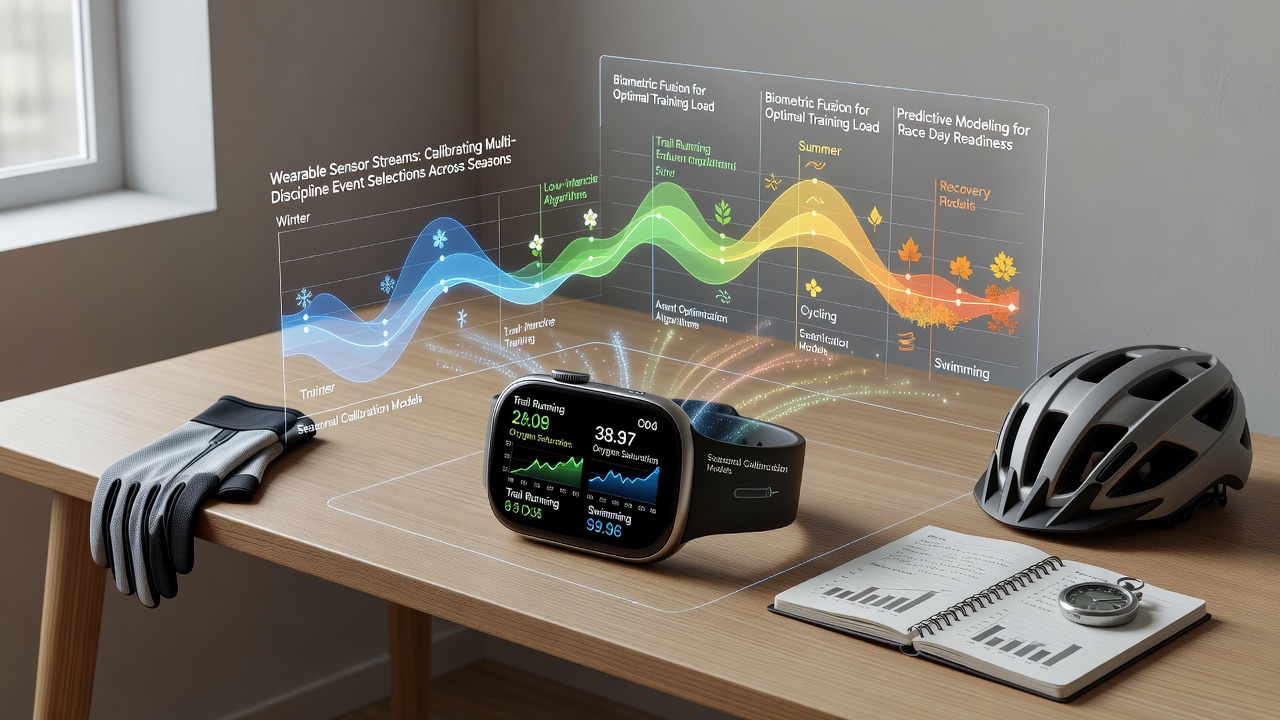 Multi-sport event calendar overlaid with wearable sensor metrics for cross-discipline selection adjustments