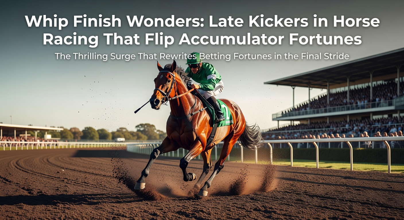 Jockey applying the whip to a surging late runner, dust flying as it overtakes exhausted leaders in the shadow of the finish line